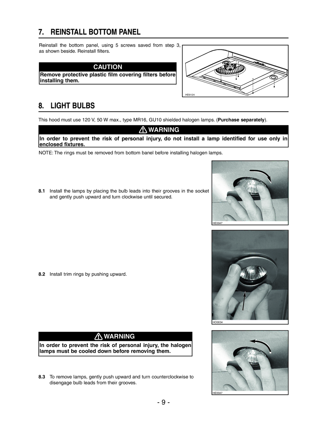 Broan E661 manual Reinstall Bottom Panel, Light Bulbs 