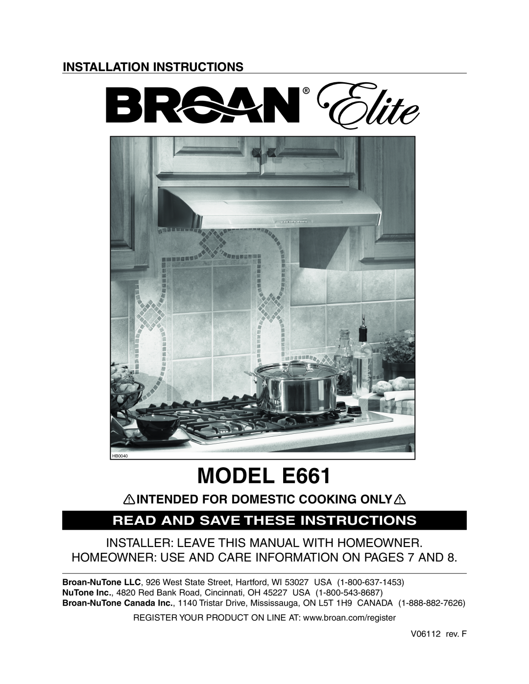 Broan manual MODEL E661, Installation Instructions, Read And Save These Instructions 