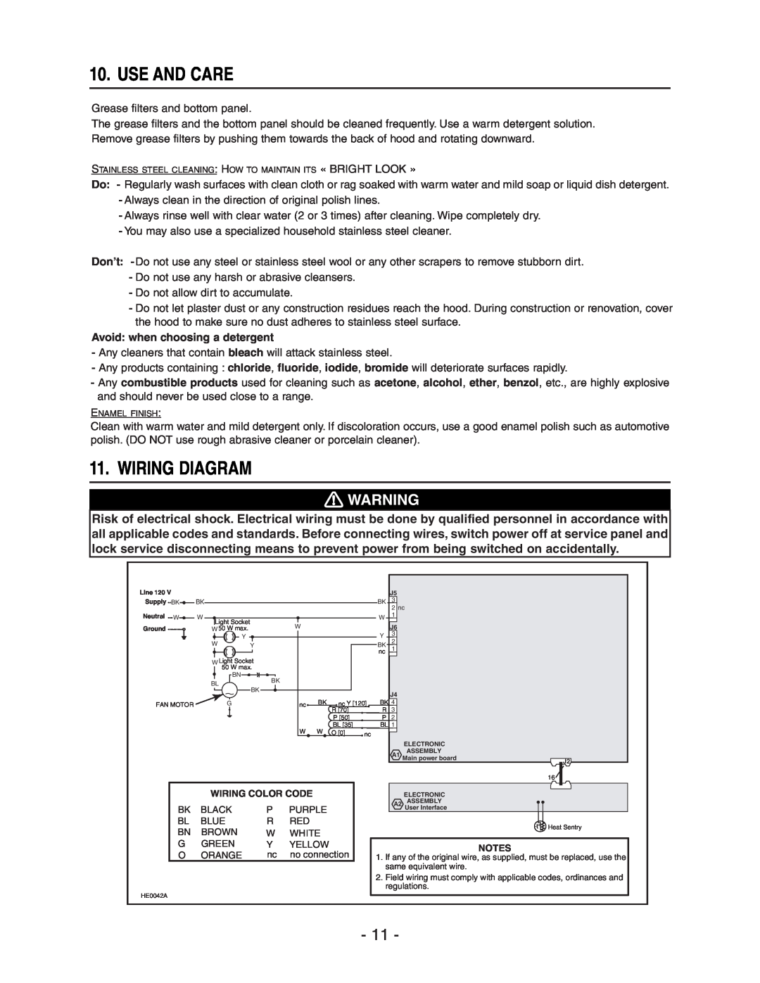 Broan E661 manual Use And Care, Wiring Diagram, Avoid when choosing a detergent 