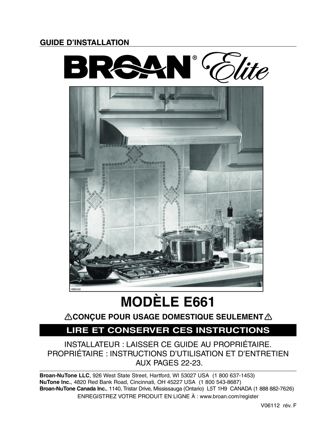 Broan manual MODÈLE E661, Guide D’Installation, Lire Et Conserver Ces Instructions, Aux Pages 