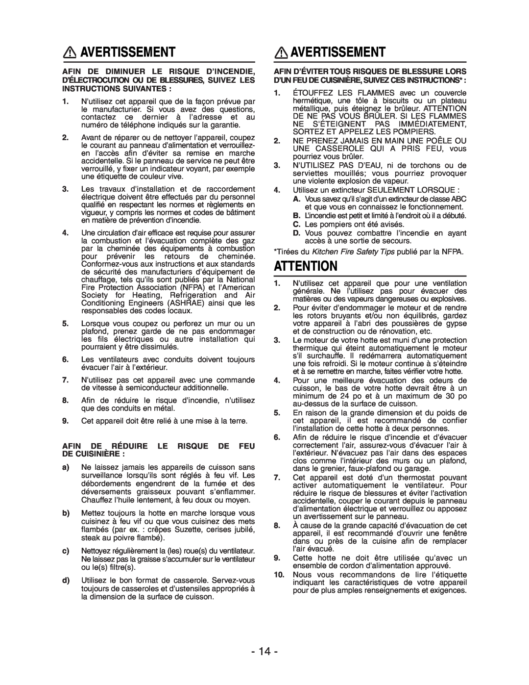 Broan E661 manual Avertissement, Afin De Réduire Le Risque De Feu De Cuisinière 