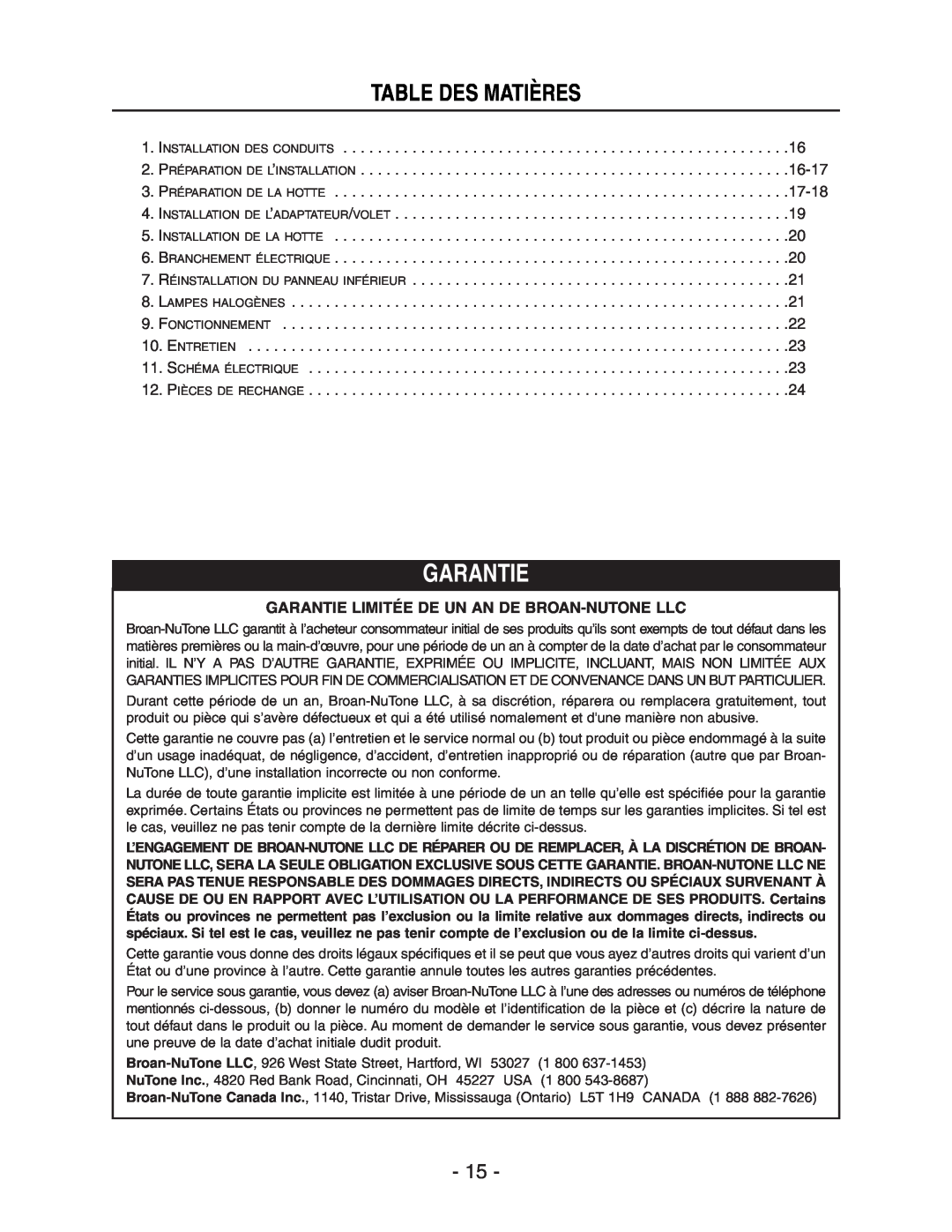 Broan E661 manual Garantie, Table Des Matières 