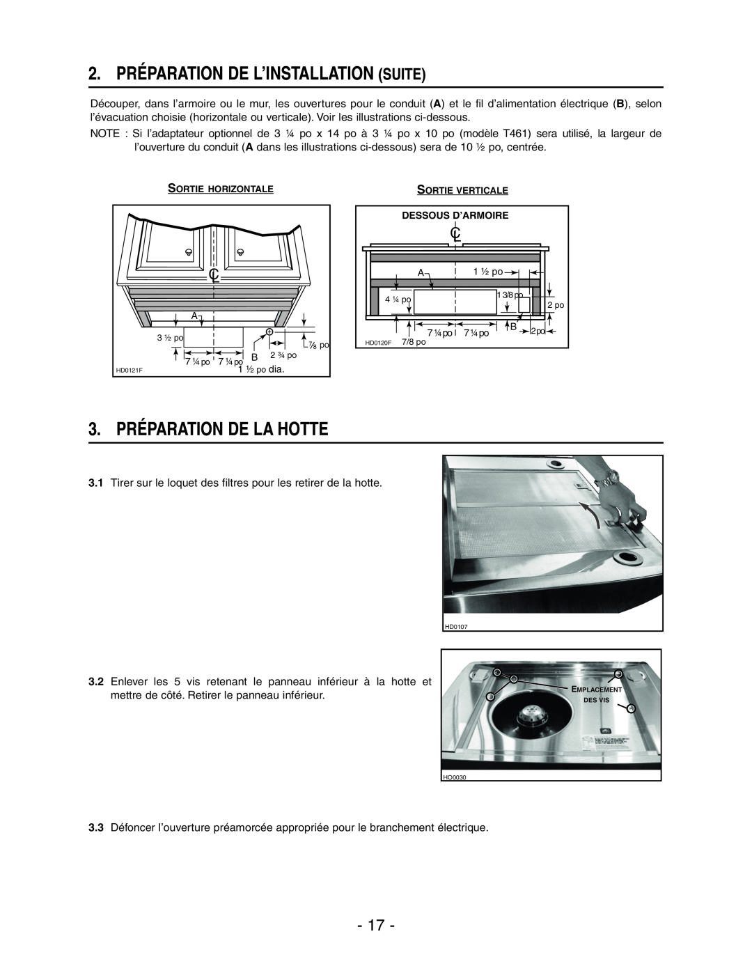 Broan E661 manual 2. PRÉPARATION DE L’INSTALLATION SUITE, 3. PRÉPARATION DE LA HOTTE 
