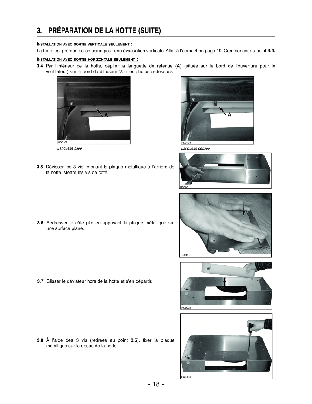 Broan E661 manual 3. PRÉPARATION DE LA HOTTE SUITE, Installation Avec Sortie Verticale Seulement 