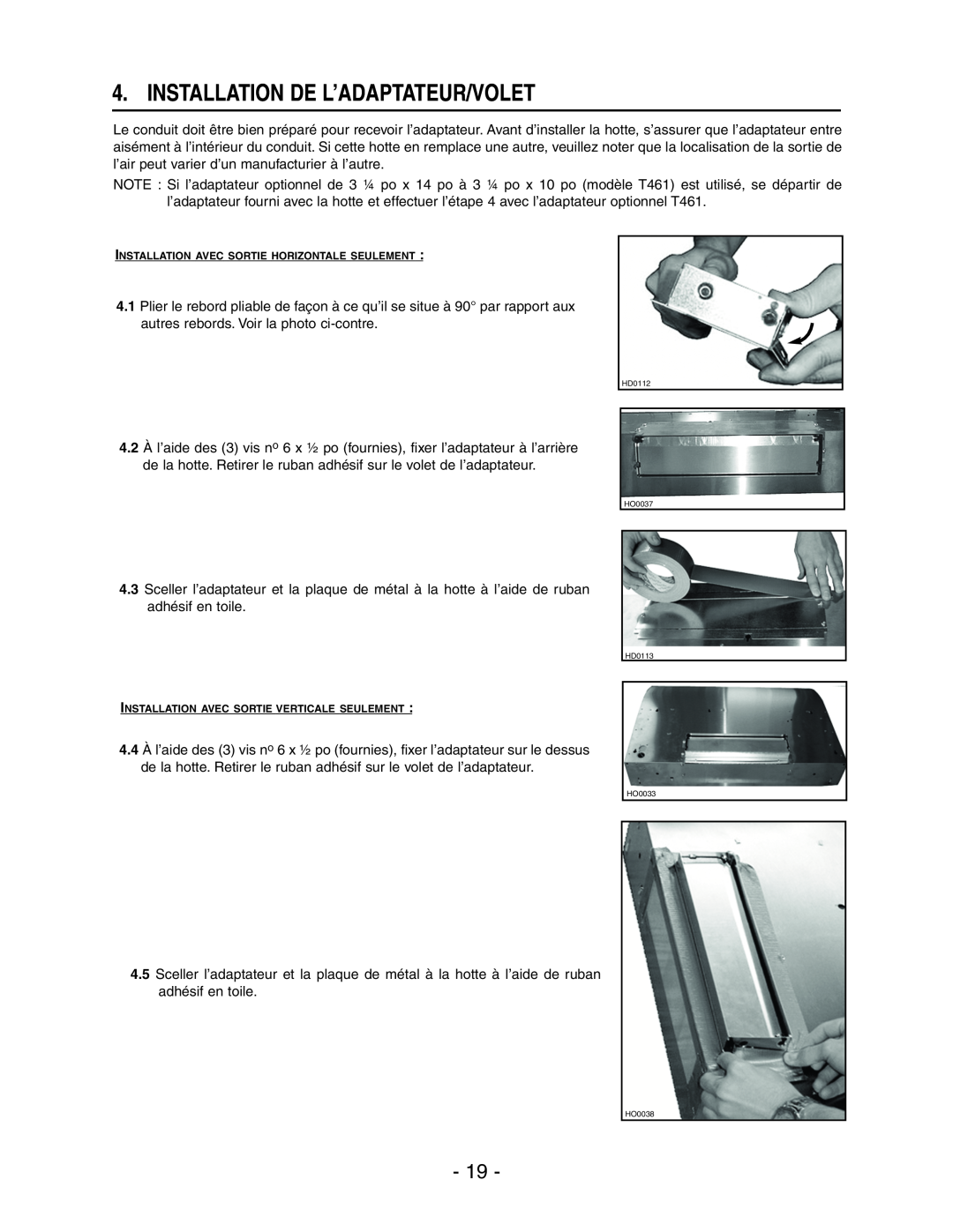 Broan E661 manual Installation De L’Adaptateur/Volet 