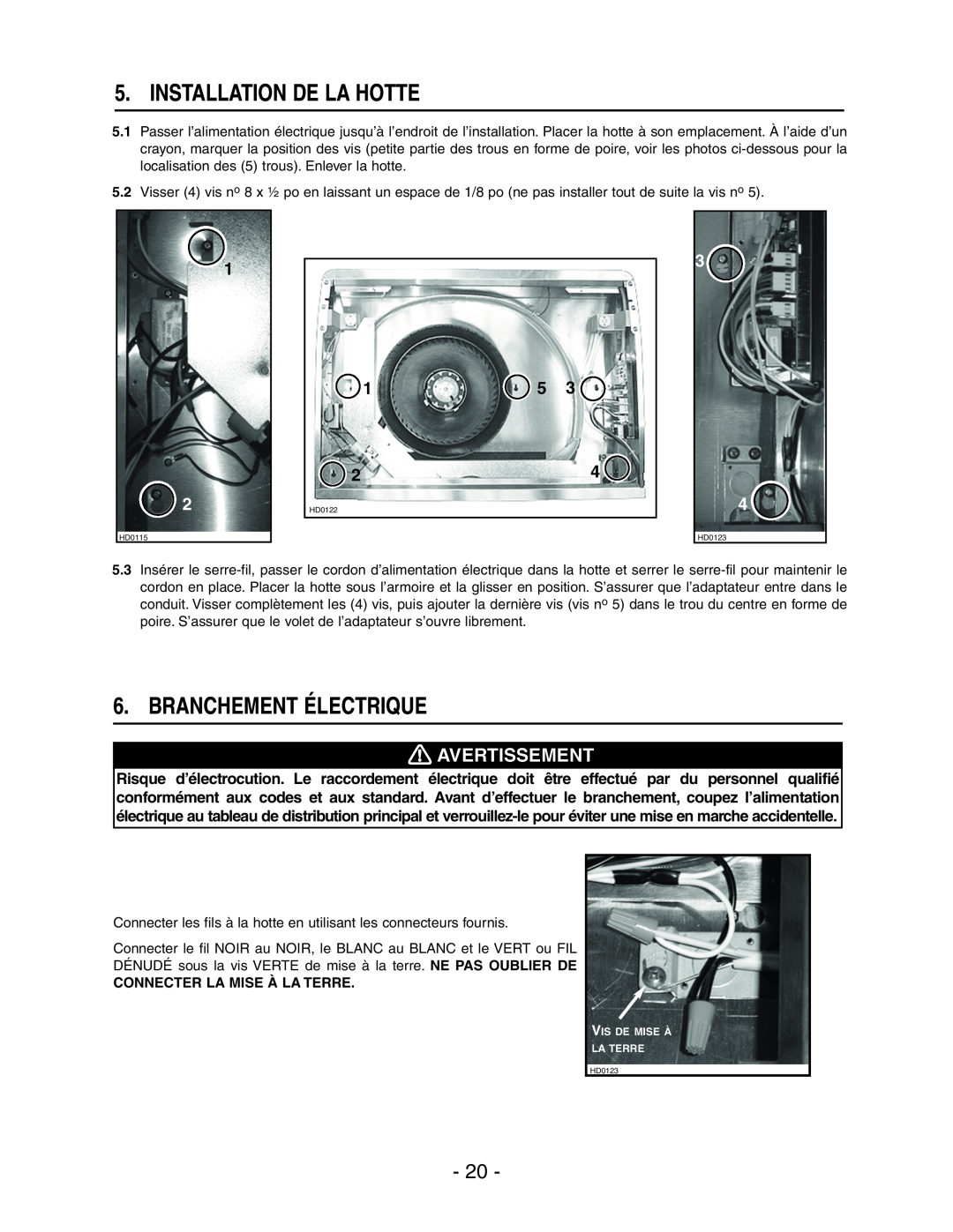 Broan E661 manual Installation De La Hotte, Branchement Électrique, Avertissement, Connecter La Mise À La Terre 