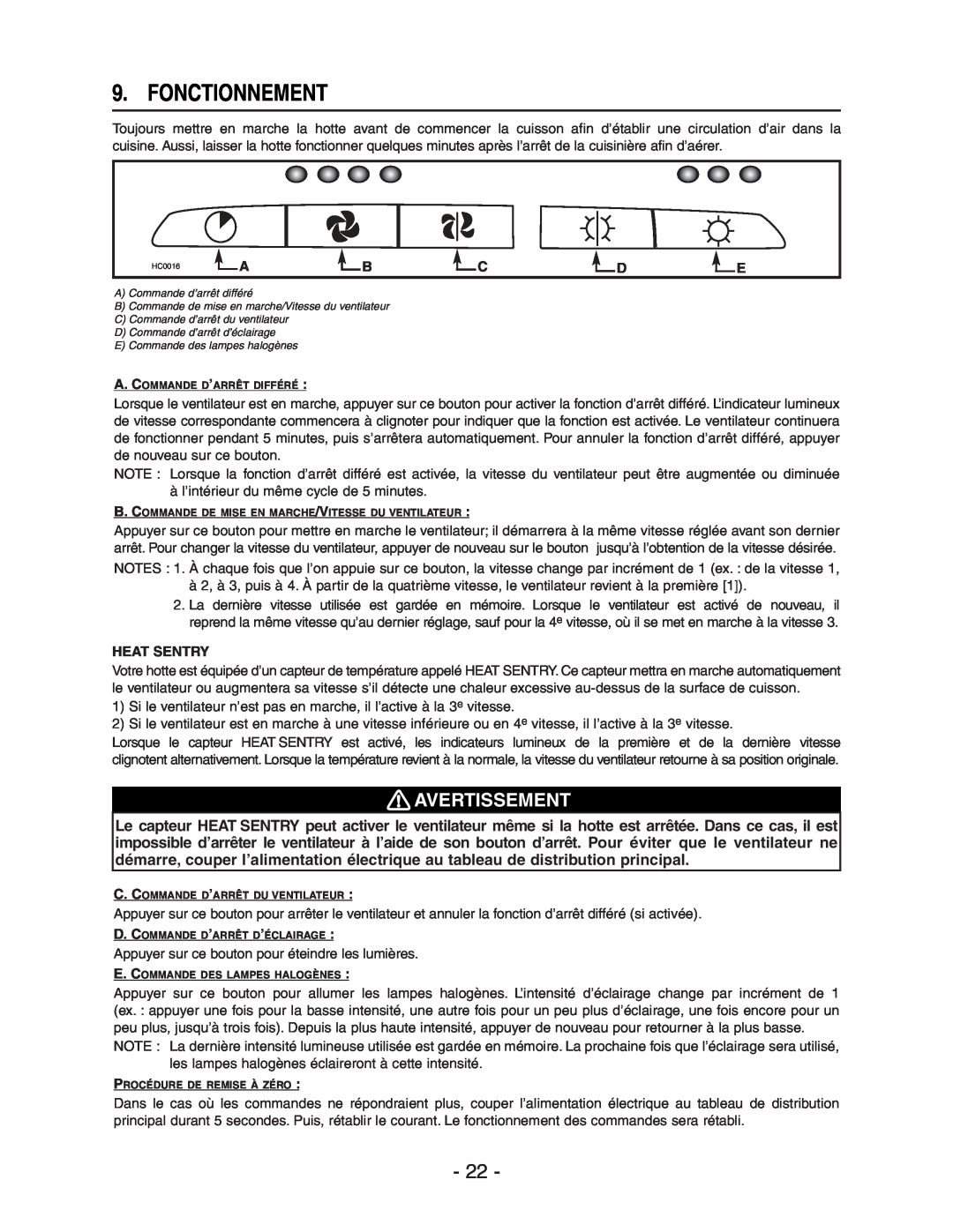 Broan E661 manual Fonctionnement, Avertissement, Heat Sentry 