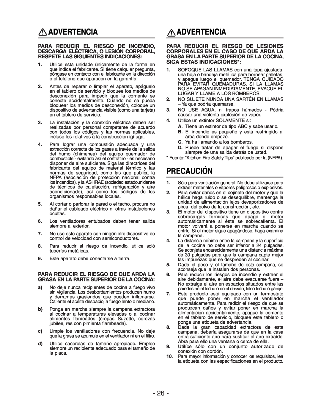 Broan E661 manual Advertencia, Precaución 