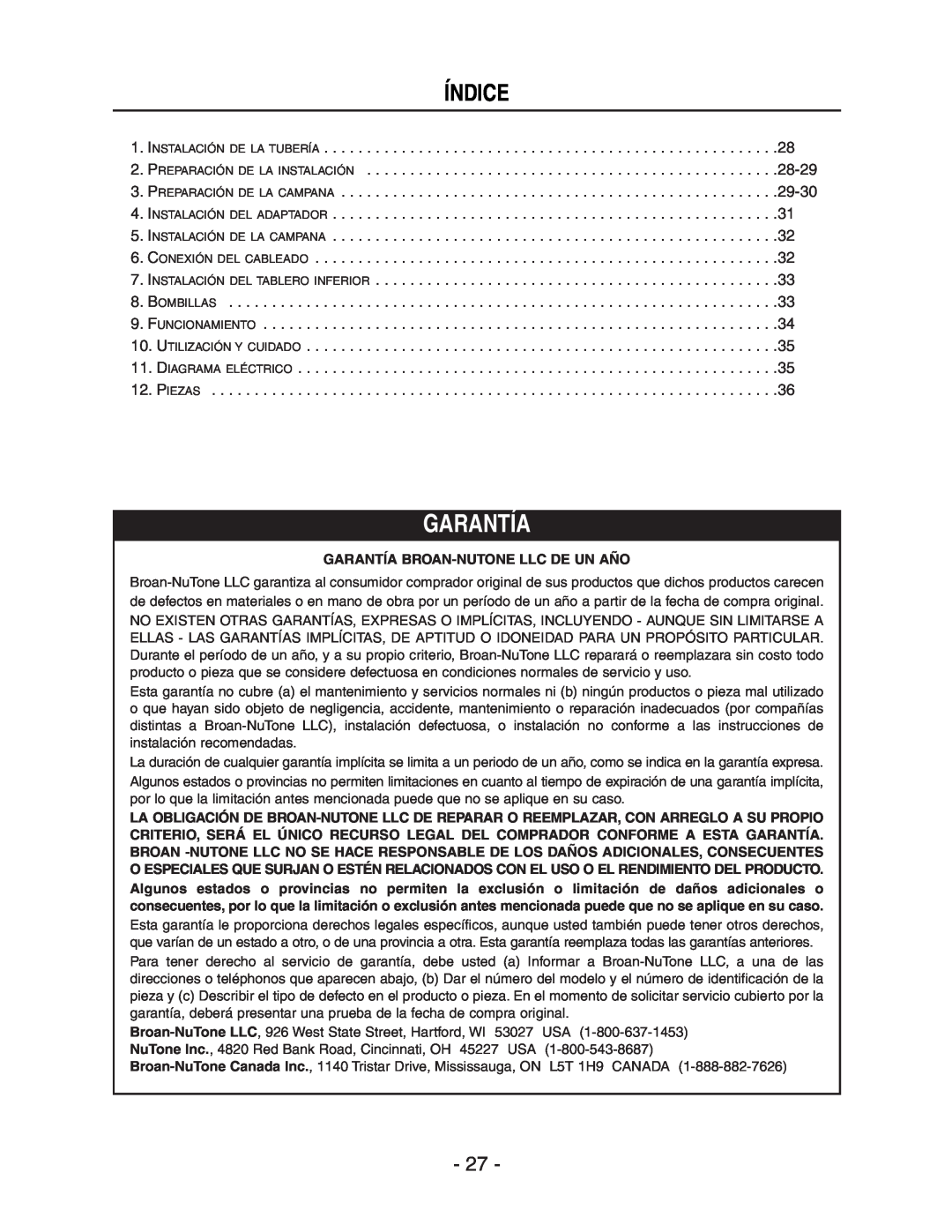 Broan E661 manual Índice, Garantía Broan-Nutonellc De Un Año 