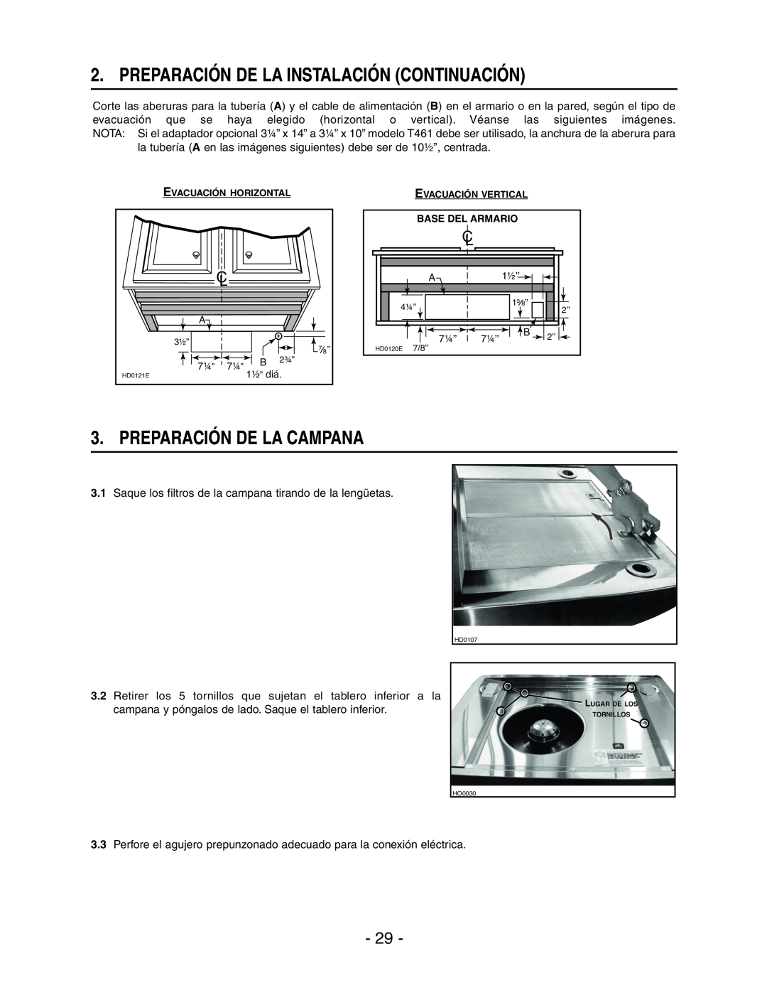 Broan E661 manual Preparación De La Instalación Continuación, Preparación De La Campana, Evacuación Horizontal 