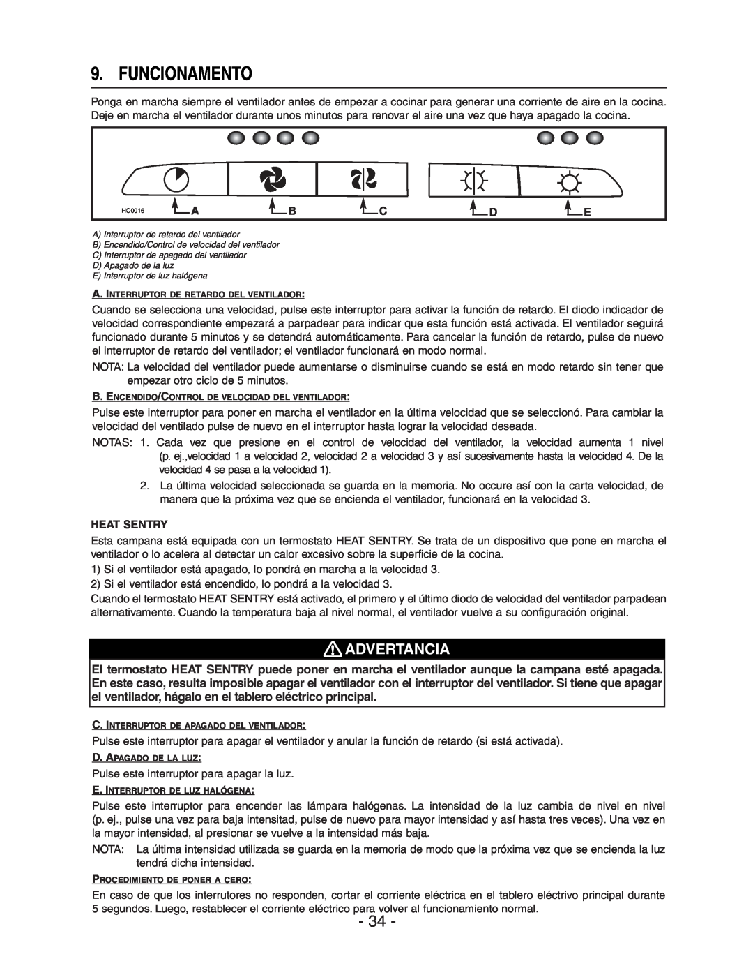 Broan E661 manual Funcionamento, Advertancia, Heat Sentry 