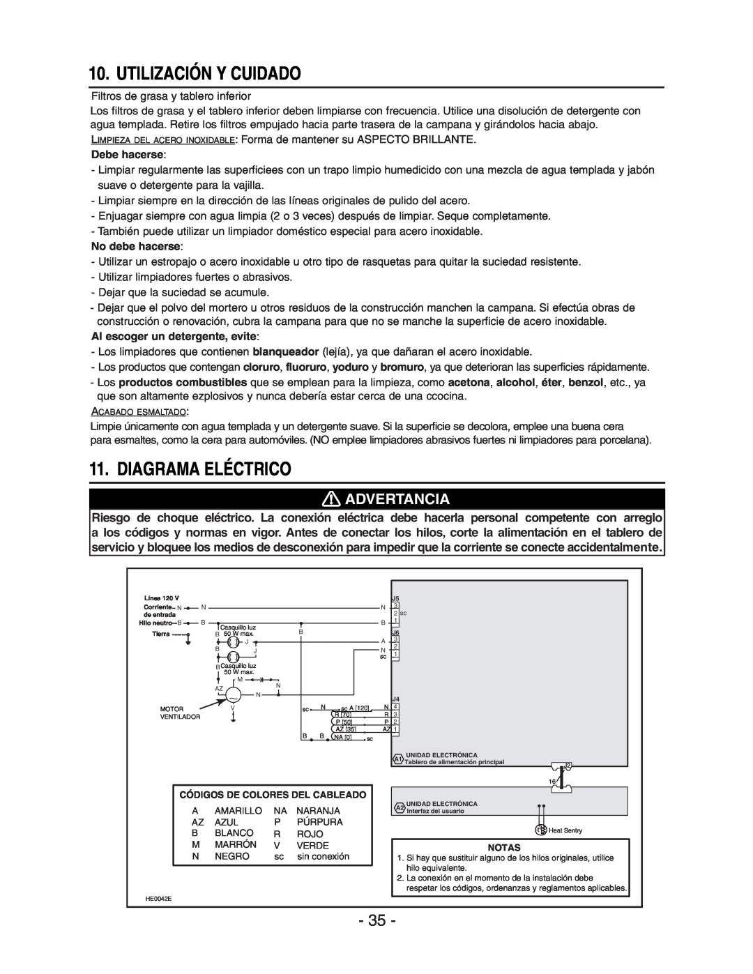 Broan E661 manual Utilización Y Cuidado, Diagrama Eléctrico, Advertancia, Debe hacerse, No debe hacerse 