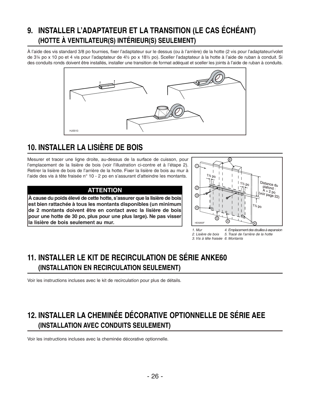 Broan E66136SS, E6036SS manual Installer L’ADAPTATEUR ET LA Transition LE CAS Échéant, Installer LA Lisière DE Bois 