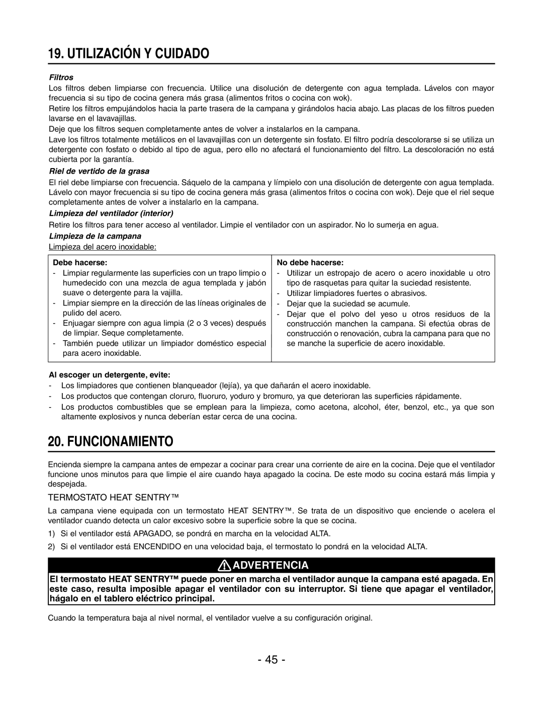 Broan E6036SS, E66136SS manual Utilización Y Cuidado, Funcionamiento, Termostato Heat Sentry 