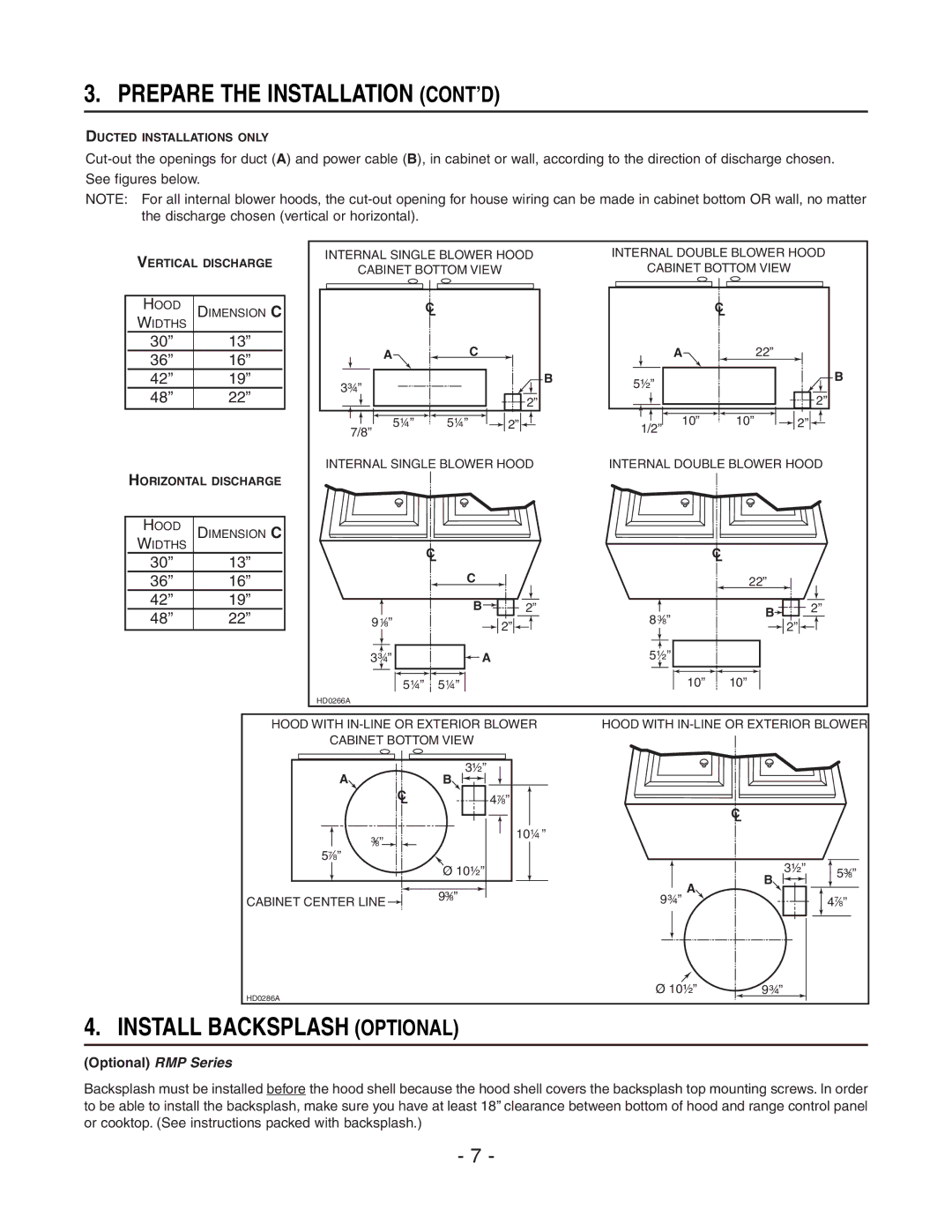 Broan E6036SS, E66136SS manual Prepare the Installation CONT’D, Install Backsplash Optional, 918, 10¼ 10½ 