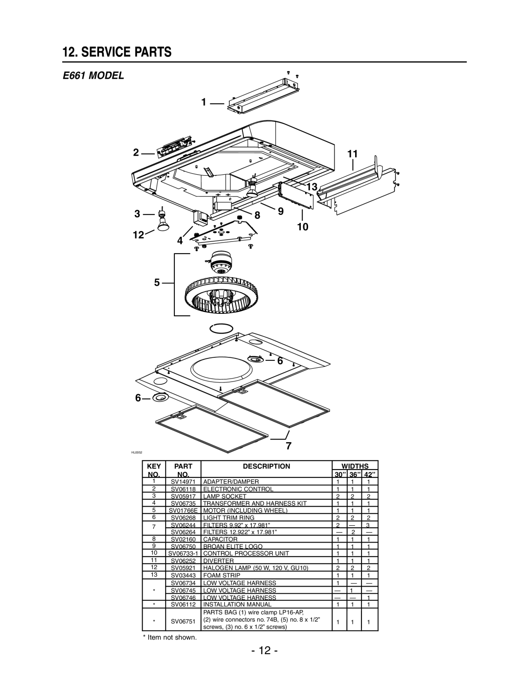 Broan E66130WH, E66142SS, E66136SS, E66130BL, E66130SS manual Service Parts 