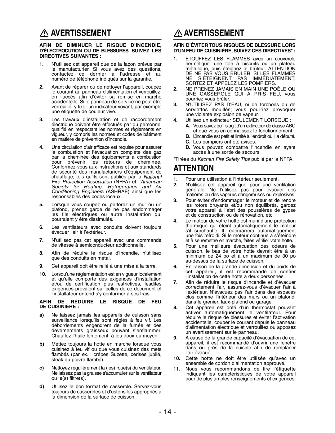 Broan E66130SS, E66142SS, E66136SS, E66130WH, E66130BL manual Avertissement, Afin DE Réduire LE Risque DE FEU DE Cuisinière 