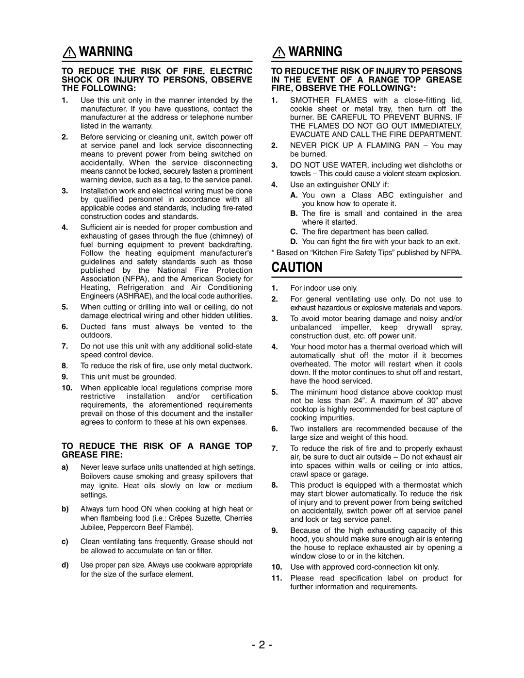 Broan E66130WH, E66142SS, E66136SS, E66130BL, E66130SS manual To Reduce the Risk of a Range TOP Grease Fire 