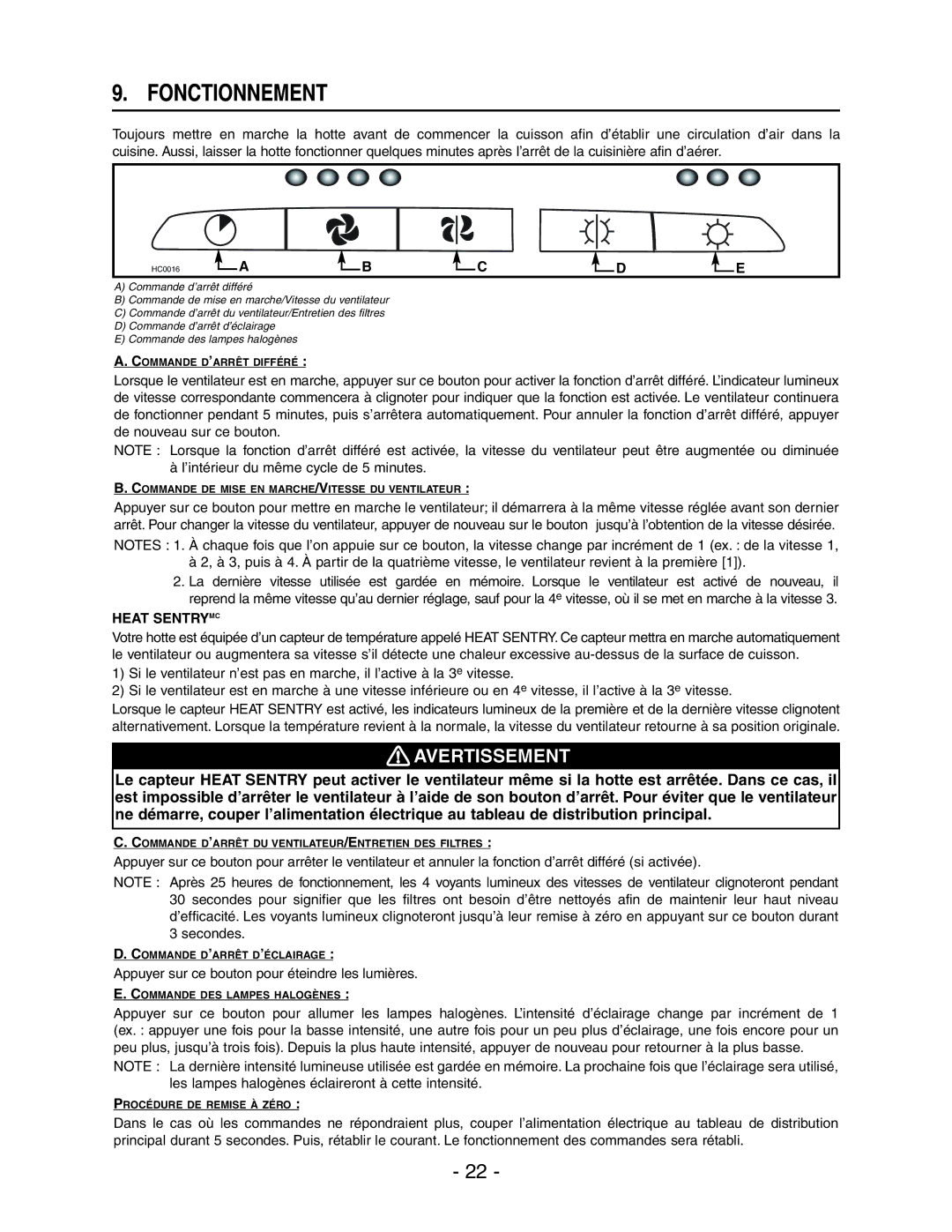 Broan E66130WH, E66142SS, E66136SS, E66130BL, E66130SS manual Fonctionnement, Heat Sentrymc 