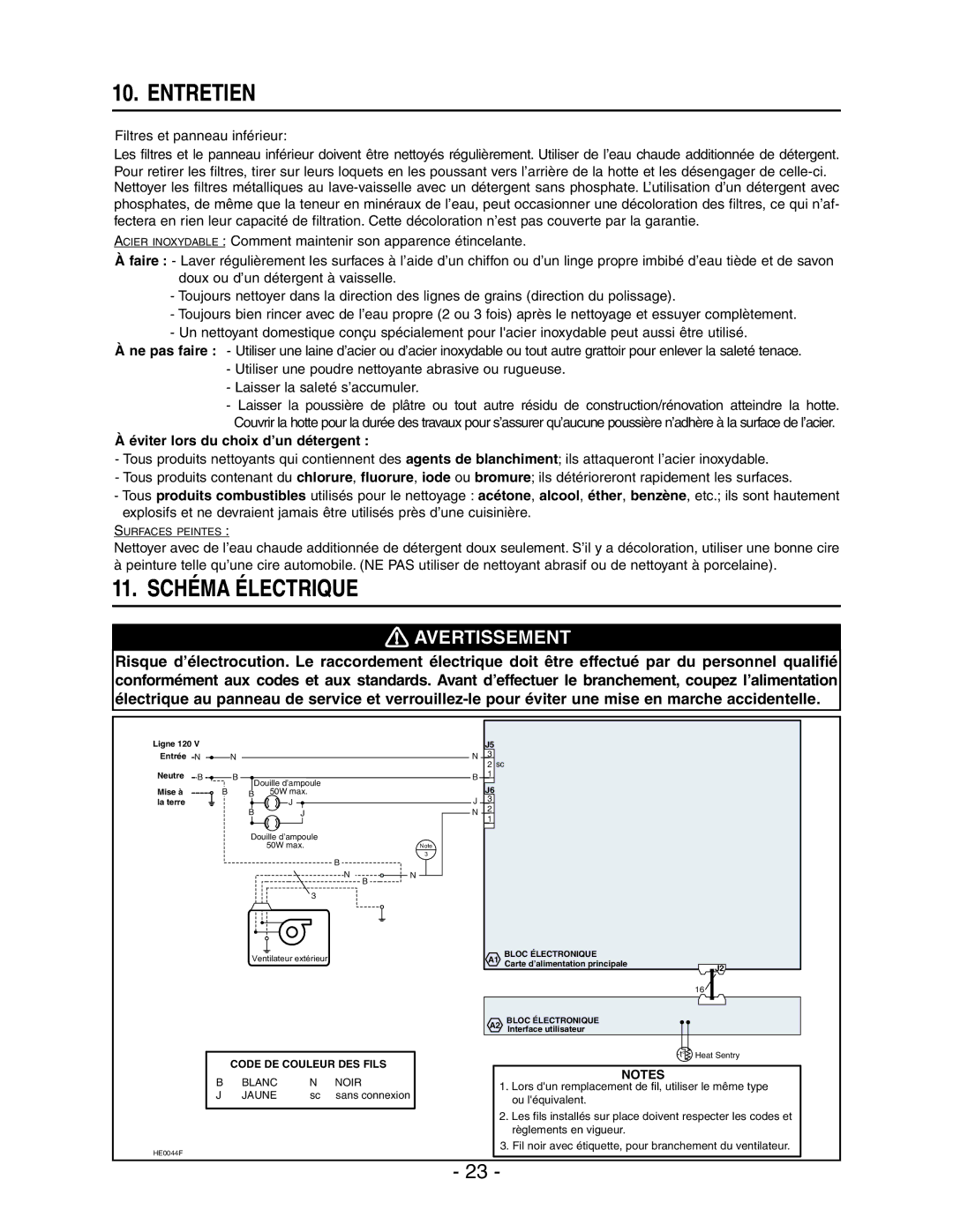 Broan E66130BL, E66142SS, E66136SS, E66130WH, E66130SS manual Entretien, Schéma Électrique 