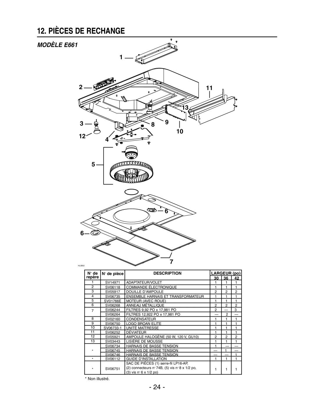 Broan E66130SS, E66142SS, E66136SS, E66130WH, E66130BL manual 12. Pièces DE Rechange 