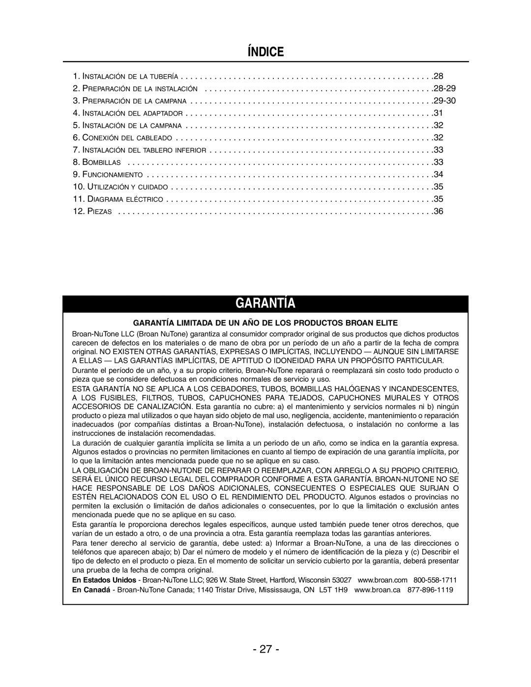 Broan E66130WH, E66142SS, E66136SS, E66130BL, E66130SS manual Índice, Garantía Limitada DE UN AÑO DE LOS Productos Broan Elite 