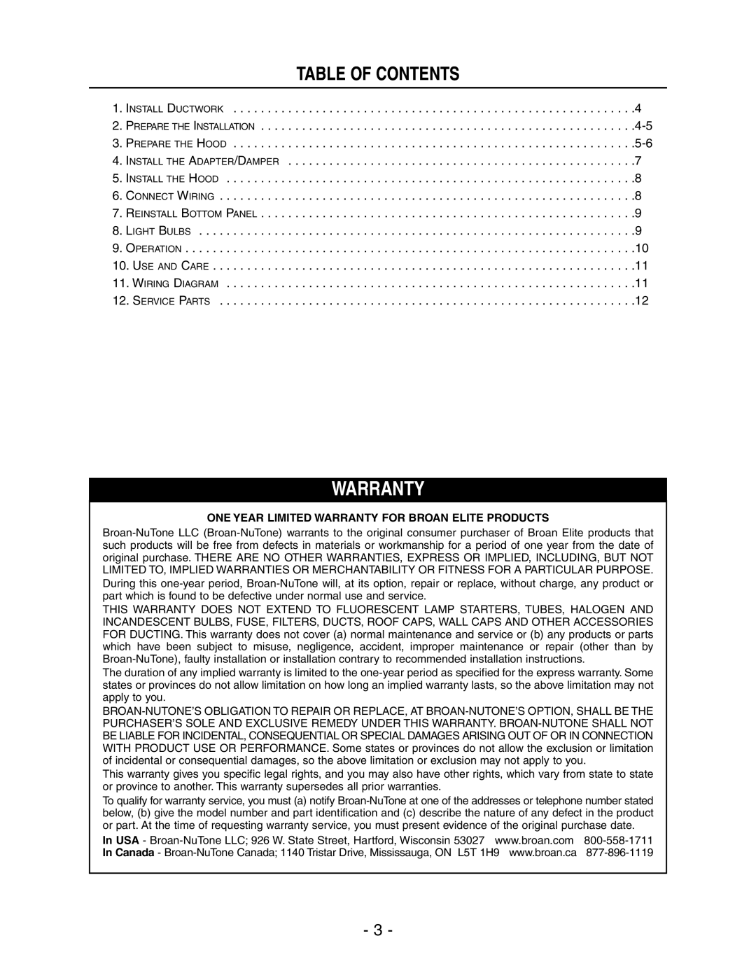 Broan E66130BL, E66142SS, E66136SS, E66130WH, E66130SS manual Warranty, Table of Contents 