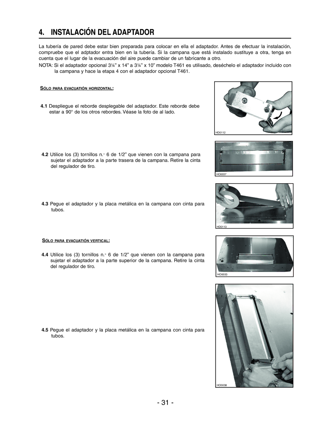 Broan E66136SS, E66142SS, E66130WH, E66130BL, E66130SS manual Instalación DEL Adaptador 