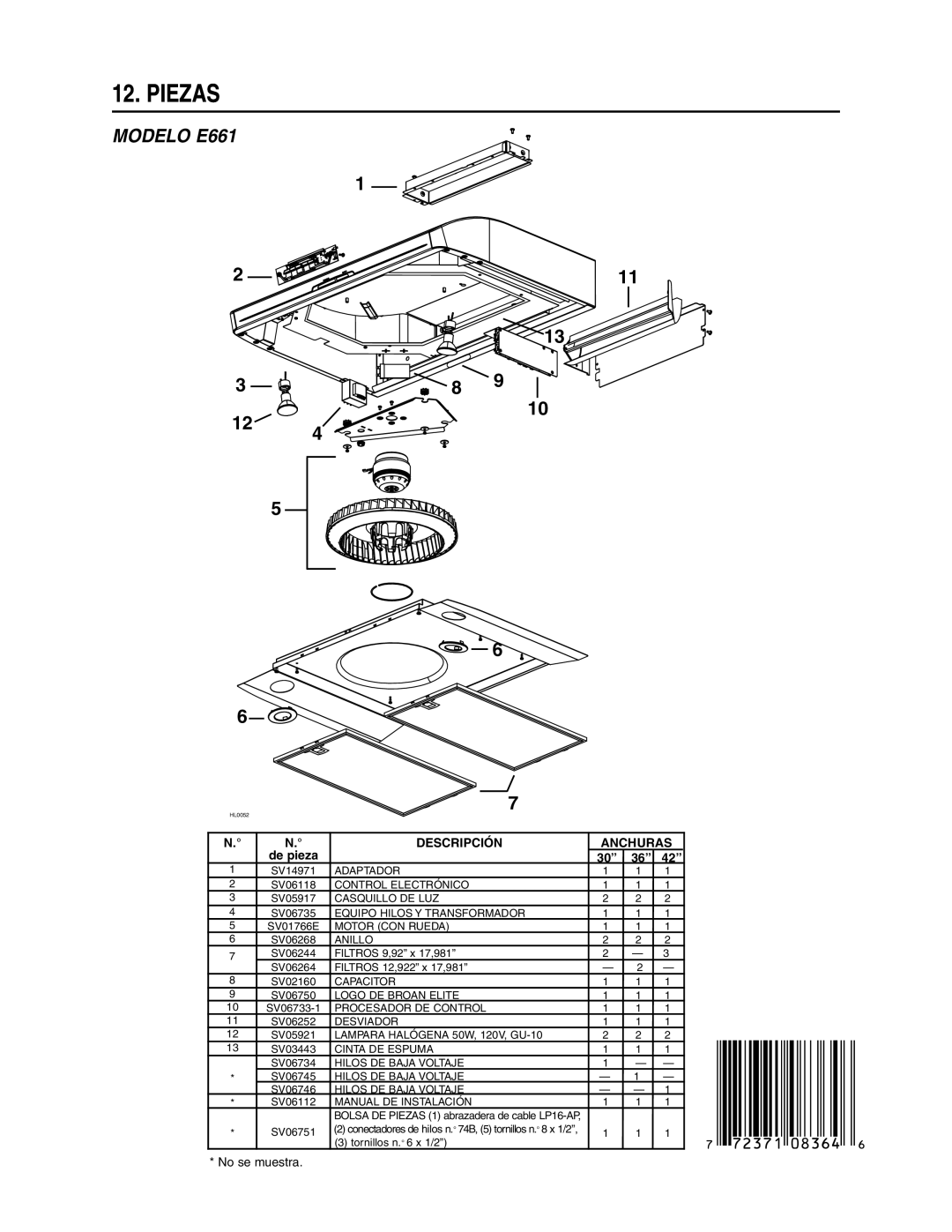 Broan E66136SS, E66142SS, E66130WH, E66130BL, E66130SS manual Piezas 