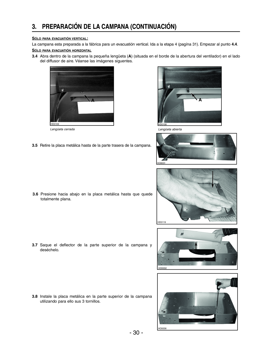 Broan E66142SS, E66136SS, E66130WH, E66130BL, E66130SS manual Preparación De La Campana Continuación 