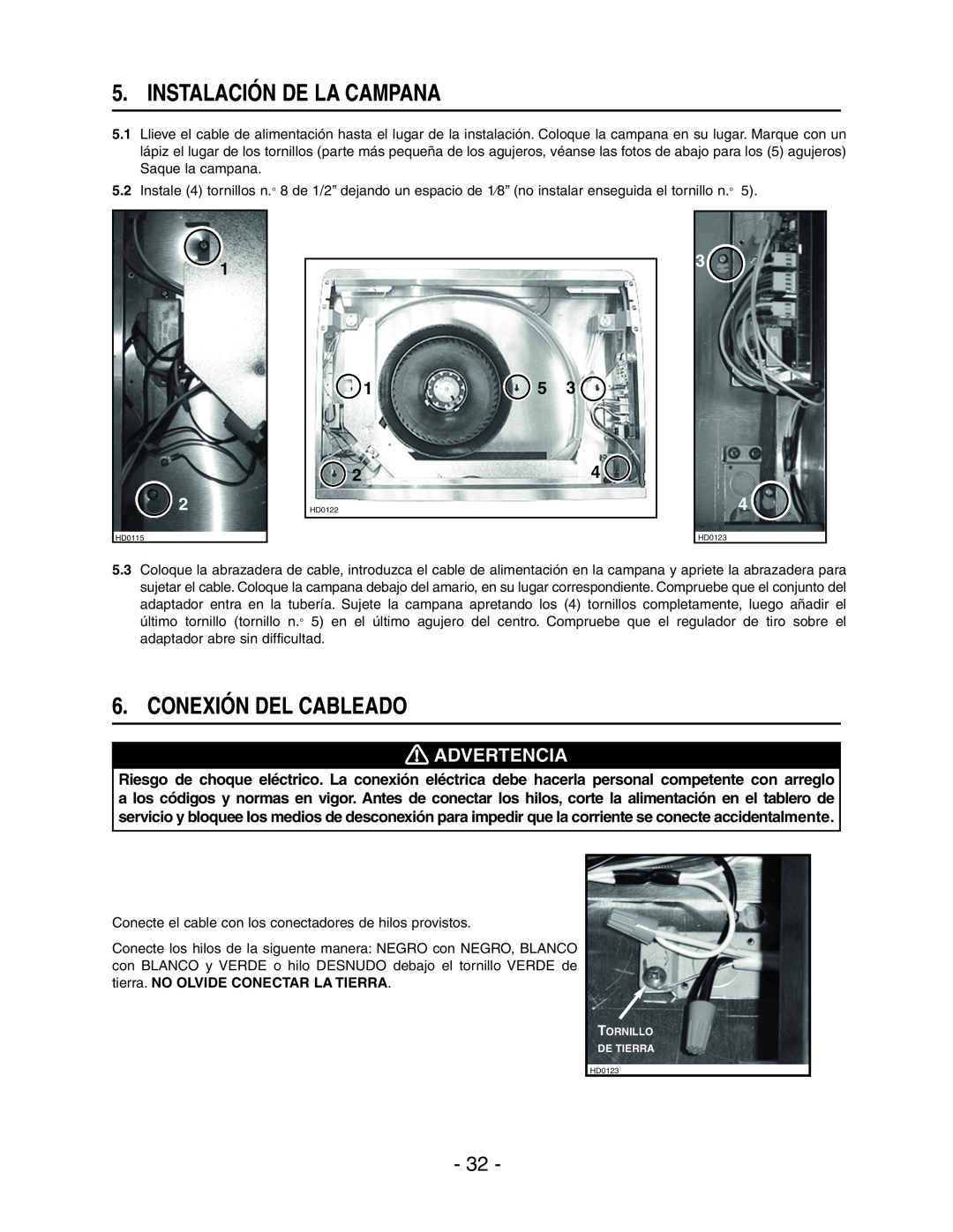 Broan E66130WH, E66142SS, E66136SS, E66130BL, E66130SS manual Instalación De La Campana, Conexión Del Cableado, Advertencia 