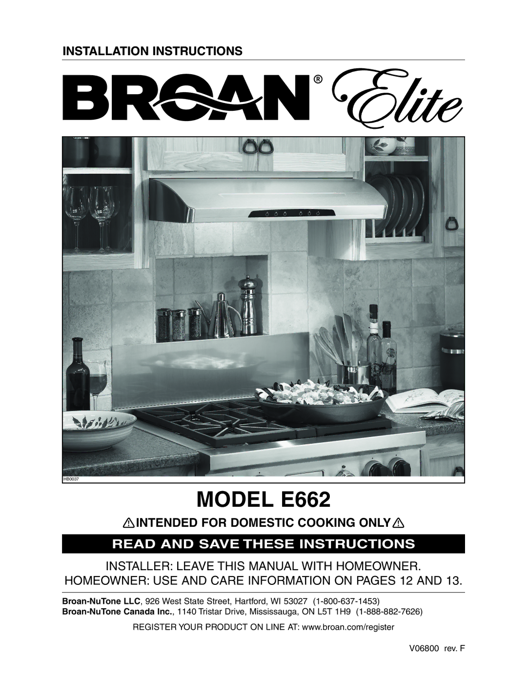 Broan installation instructions Model E662 