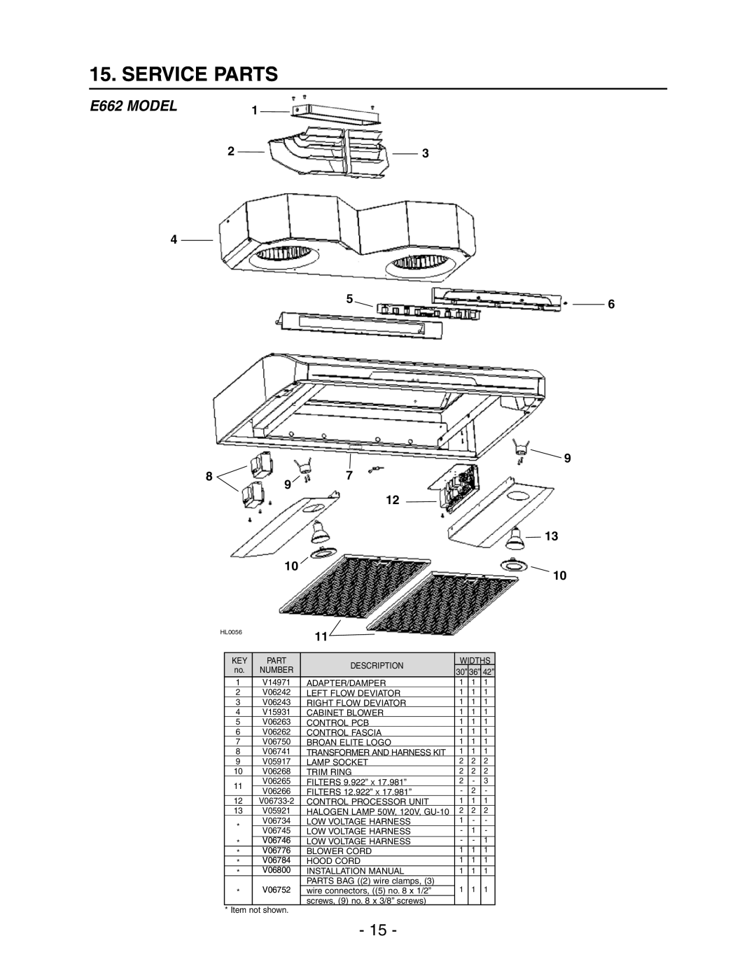 Broan E662 installation instructions Service Parts 