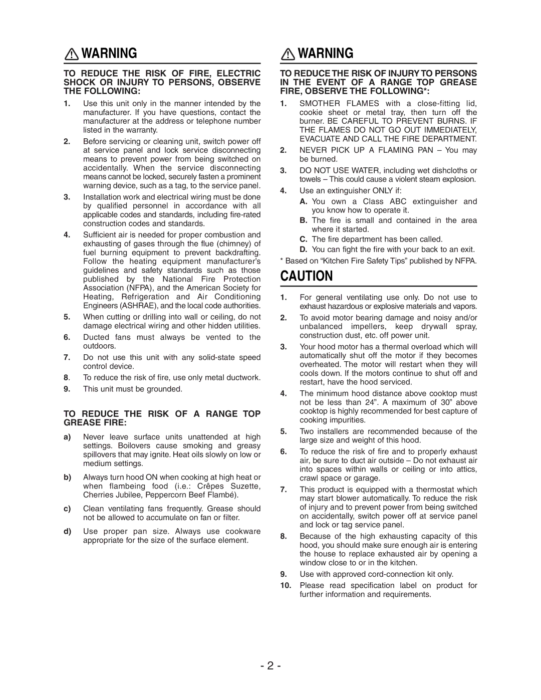 Broan E662 installation instructions To Reduce the Risk of a Range TOP Grease Fire 