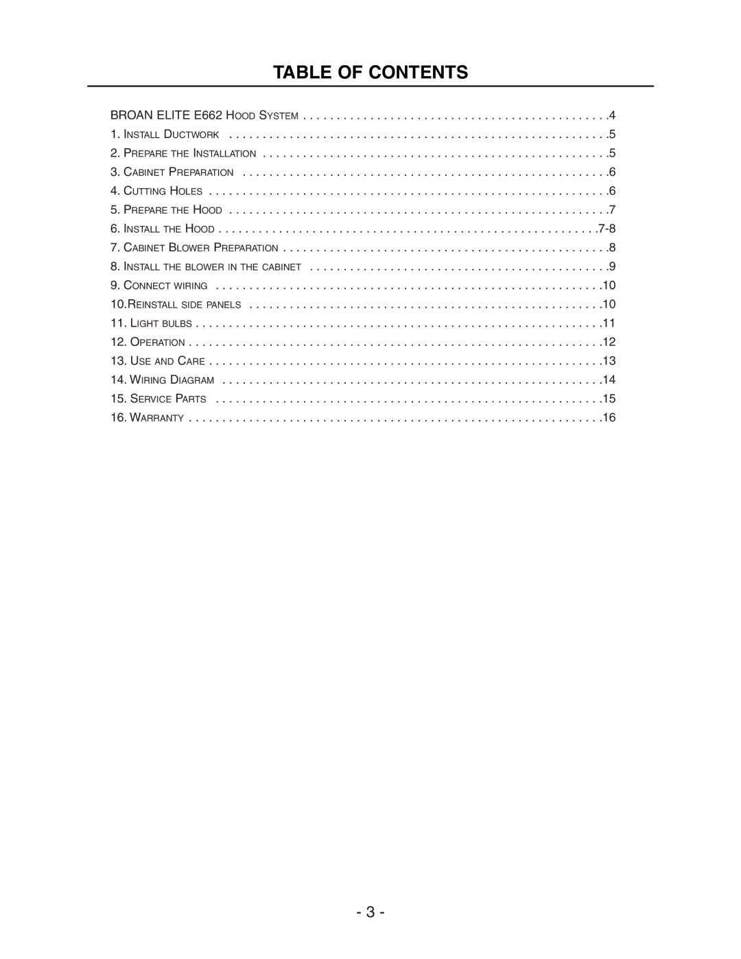 Broan E662 installation instructions Table of Contents 