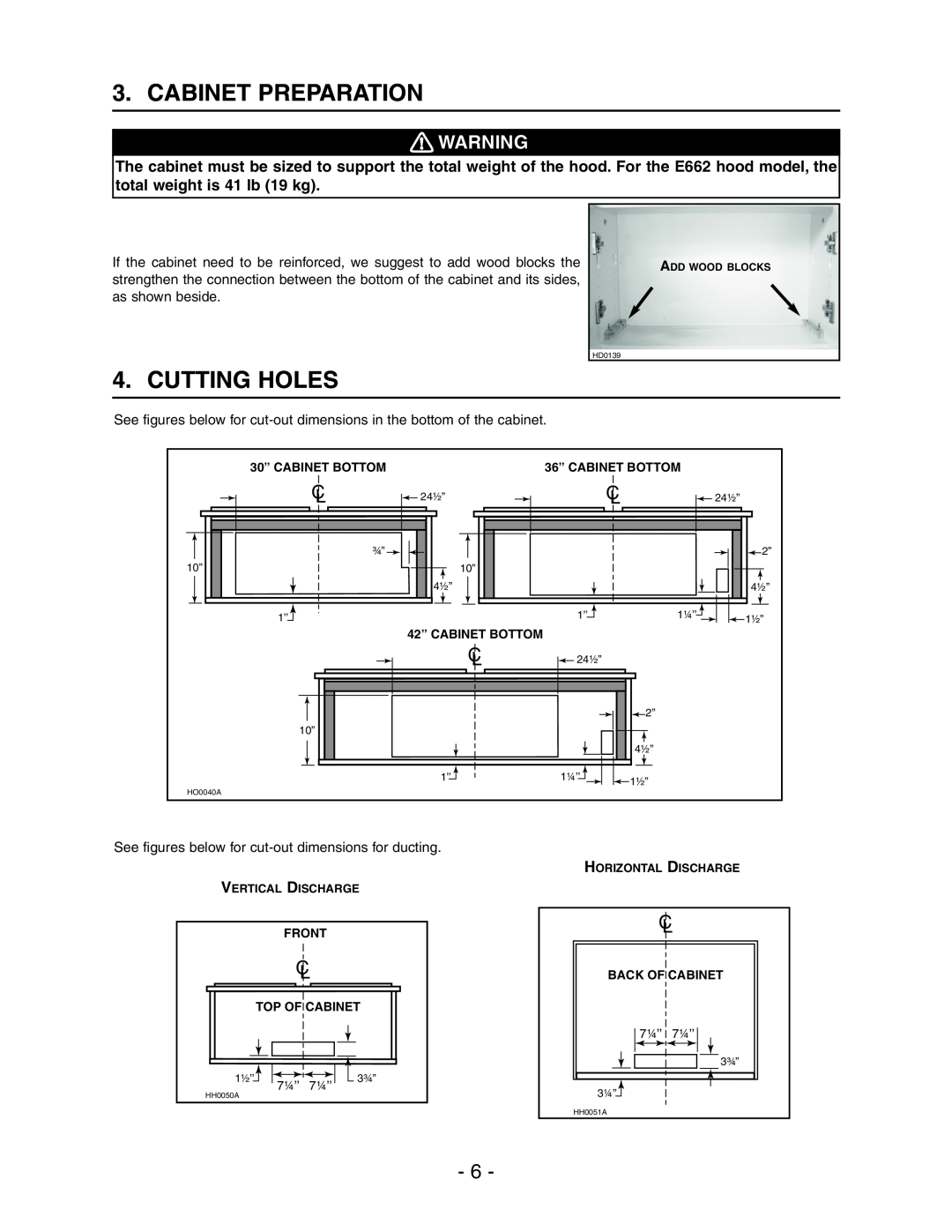 Broan E662 installation instructions Cabinet Preparation, Cutting Holes 