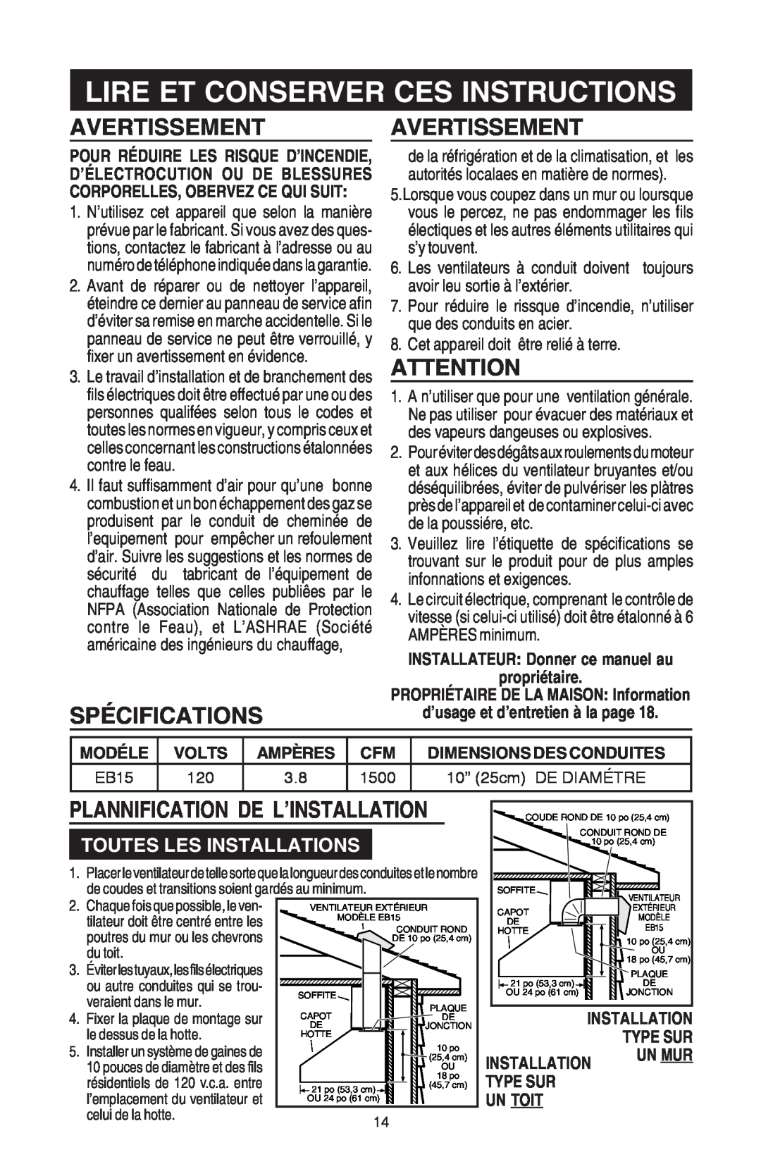 Broan EB15 manual Avertissement, Spécifications, Plannification De L’Installation, Toutes Les Installations 