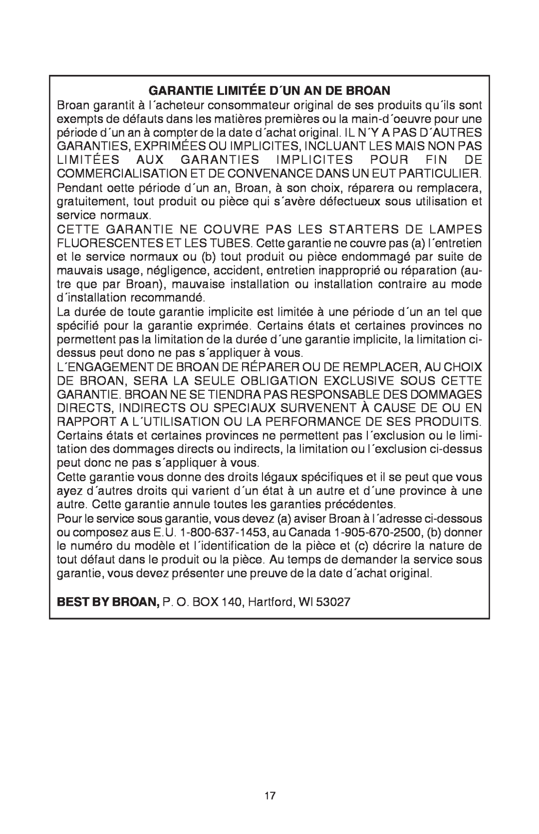 Broan EB15 manual Garantie Limitée D´Un An De Broan 