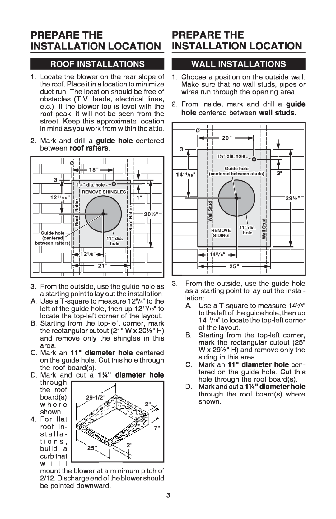 Broan EB15 manual Prepare The, Installation Location, Roof Installations, Wall Installations 