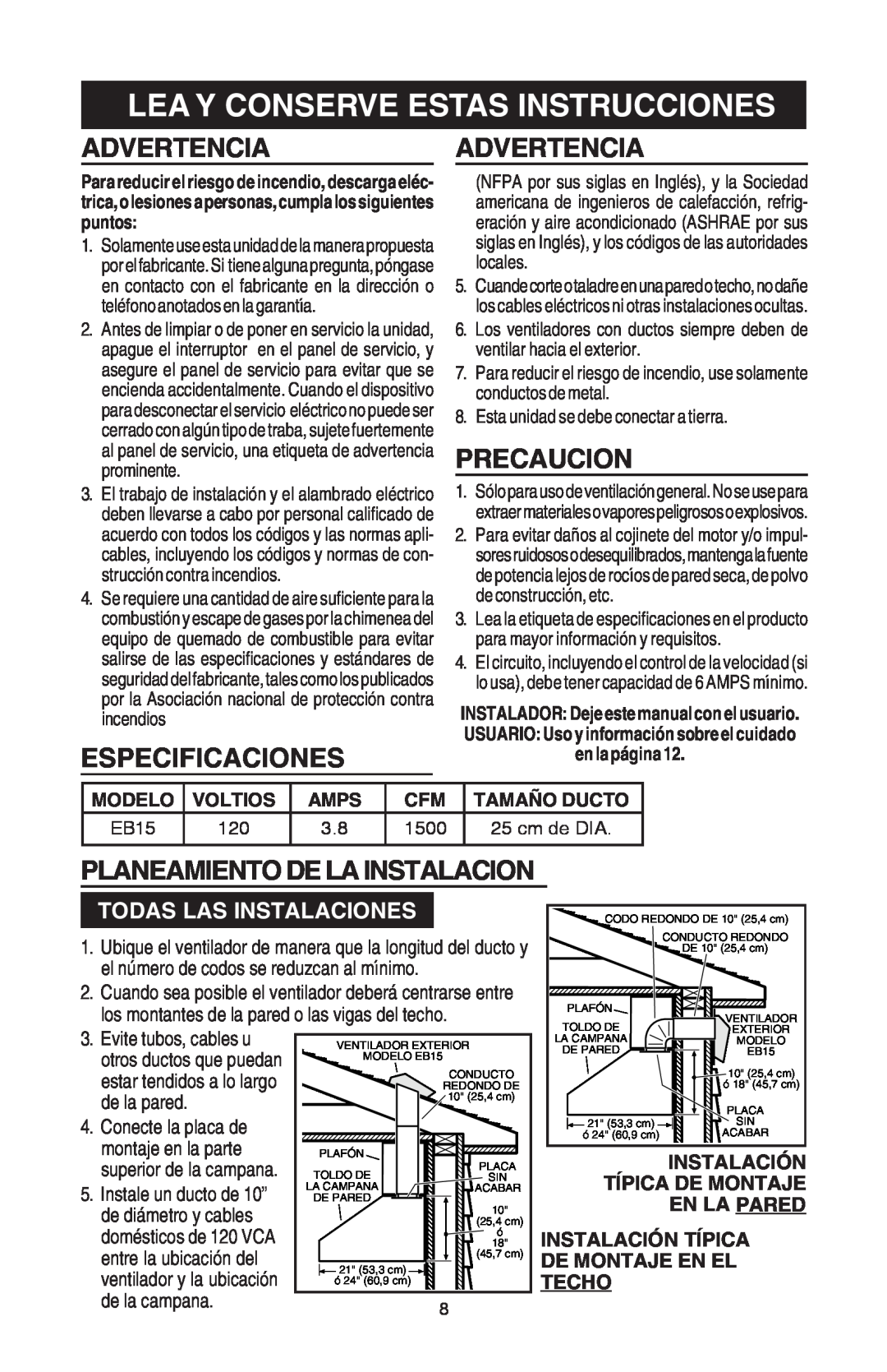 Broan EB15 manual Lea Y Conserve Estas Instrucciones, Advertenciaadvertencia, Especificaciones, Precaucion 
