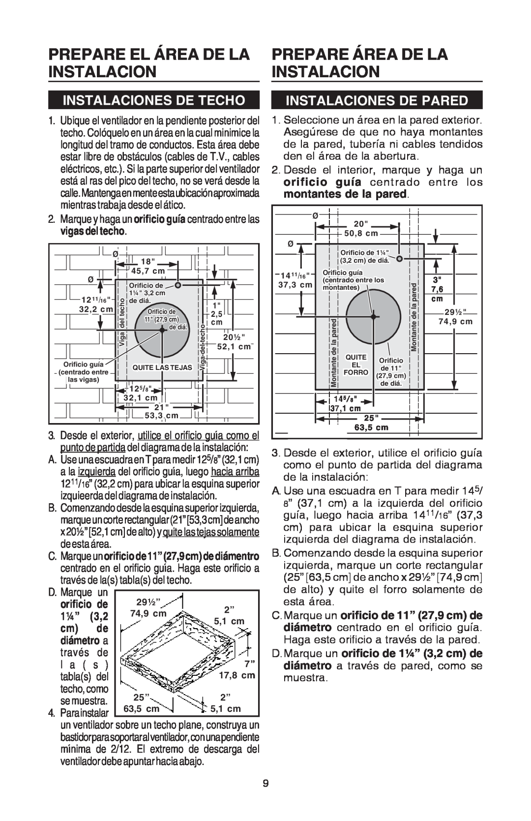 Broan EB15 manual Prepare El Área De La, Prepare Área De La, Instalaciones De Techo, Instalaciones De Pared 