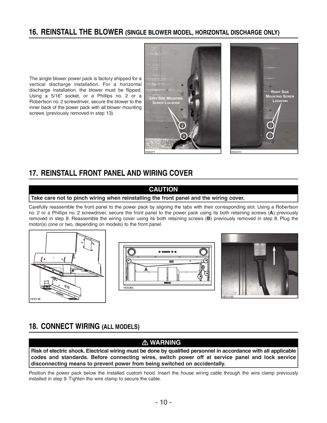 Broan EC62 SERIES, 441, 418, 410, 437 manual Reinstall Front Panel and Wiring Cover, Connect Wiring ALL Models 