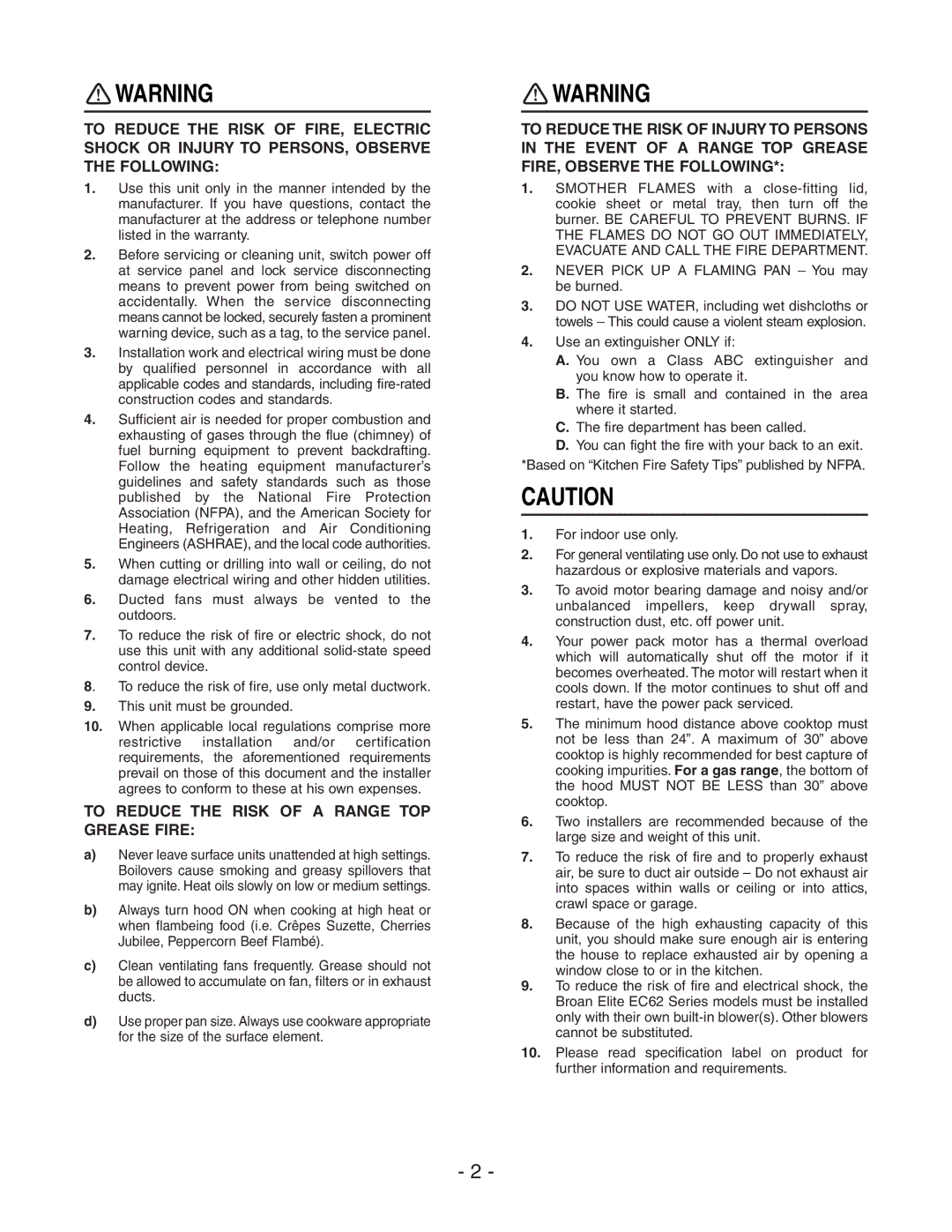 Broan 418, EC62 SERIES, 441, 410, 437 manual To Reduce the Risk of a Range TOP Grease Fire 