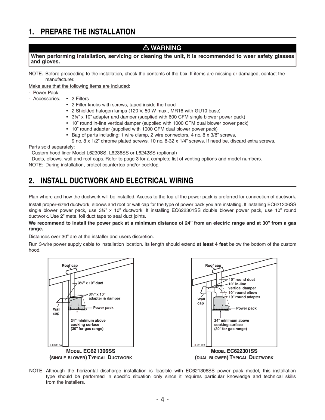 Broan 437, EC62 SERIES, 441, 418, 410 manual Prepare the Installation, Install Ductwork and Electrical Wiring 