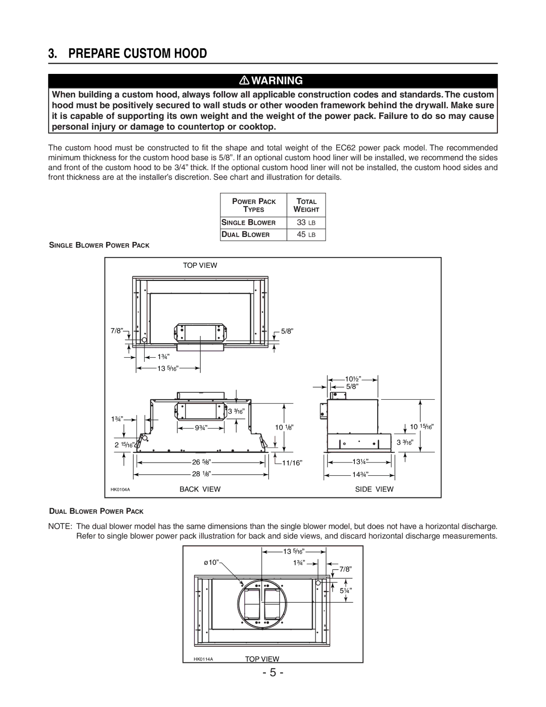 Broan EC62 SERIES, 441, 418, 410, 437 manual Prepare Custom Hood, 45 LB 