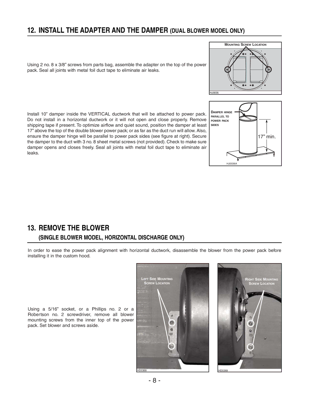 Broan 410, EC62 SERIES, 441, 418, 437 manual Install the Adapter and the Damper Dual Blower Model only, Remove the Blower 