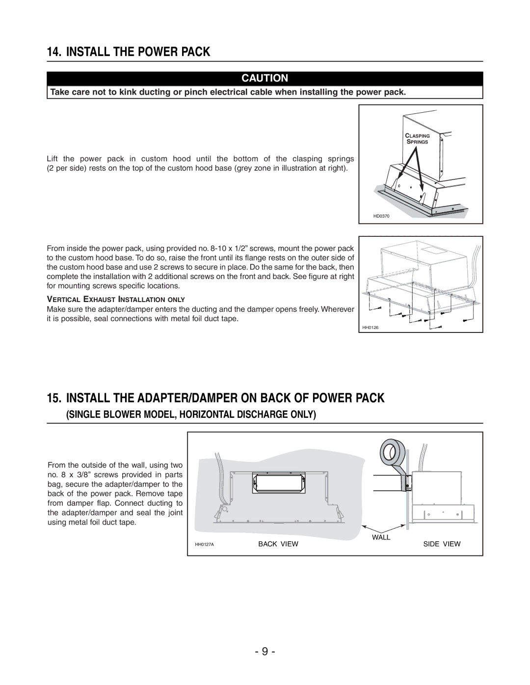 Broan 437, EC62 SERIES, 441, 418, 410 manual Install the Power Pack, Install the ADAPTER/DAMPER on Back of Power Pack 