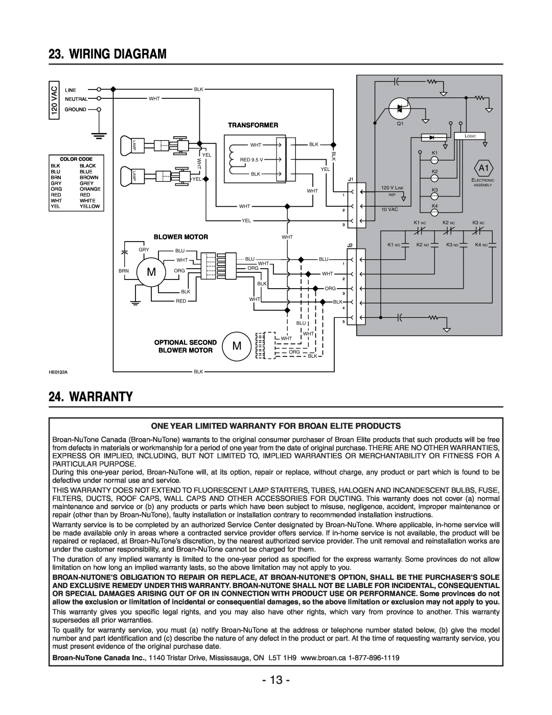 Broan 410, EC62 SERIES, 441, 418, 437 manual Wiring Diagram, One Year Limited Warranty For Broan Elite Products 
