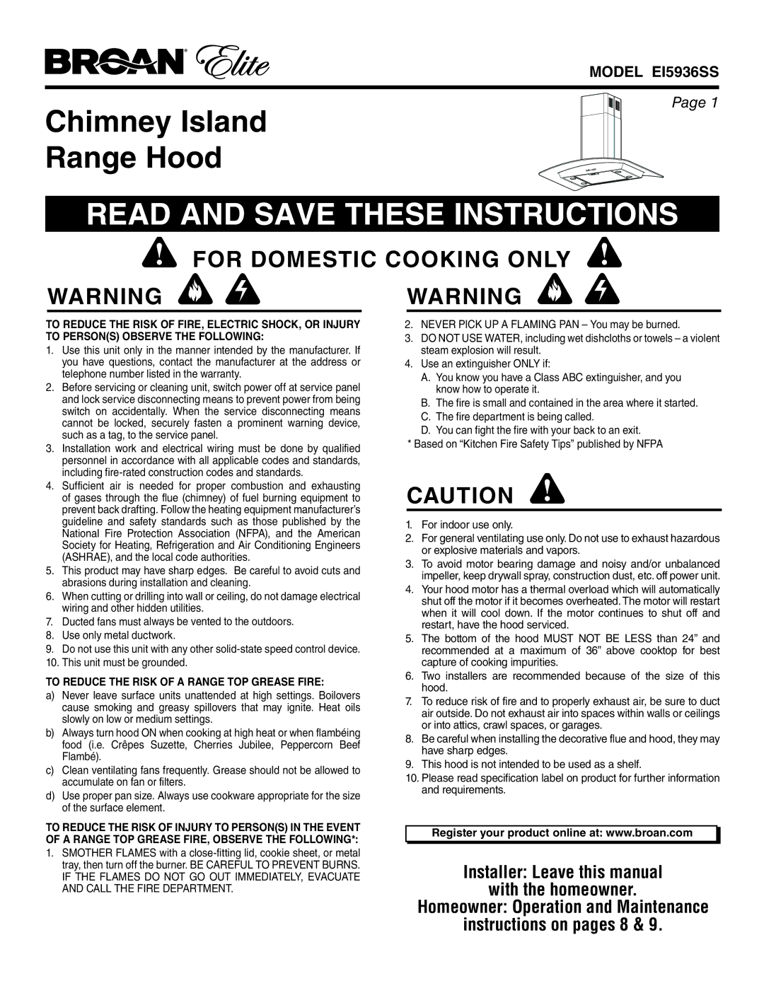 Broan EI5936SS warranty Read and Save These Instructions, To Reduce the Risk of a Range TOP Grease Fire 