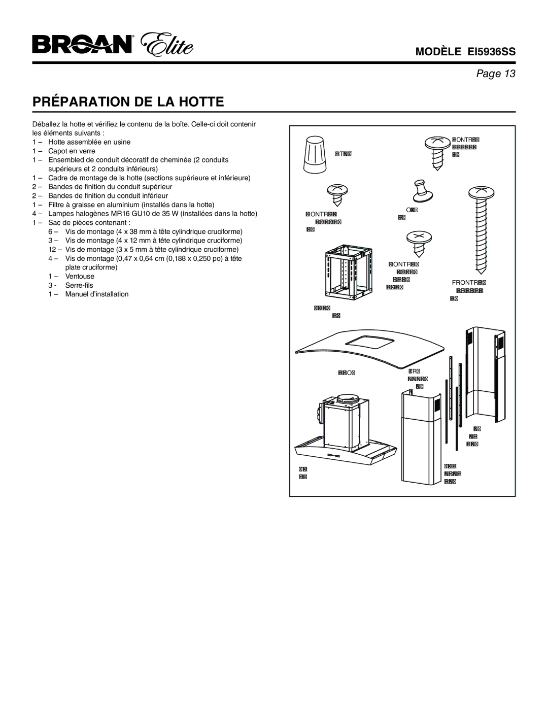 Broan EI5936SS warranty Préparation DE LA Hotte 